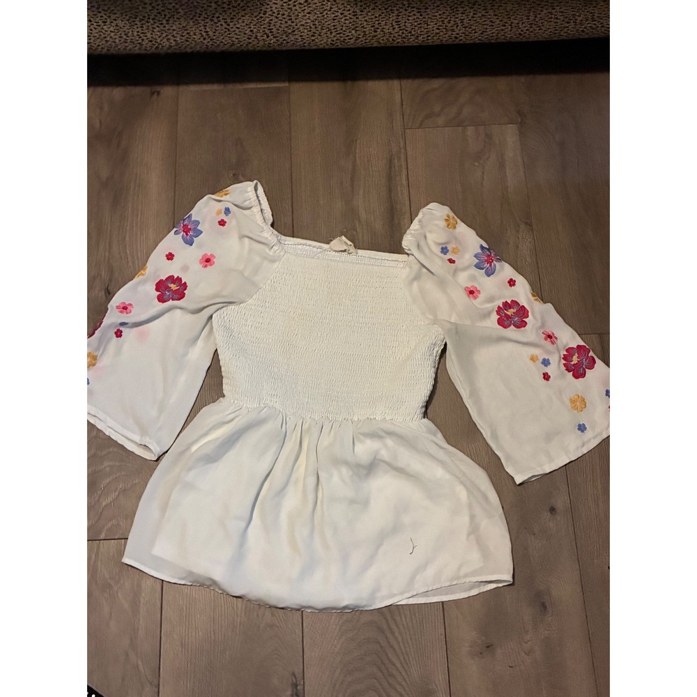 American Eagle Peplum Top Womens M White Good Floral Embroidered Bell Sleeve